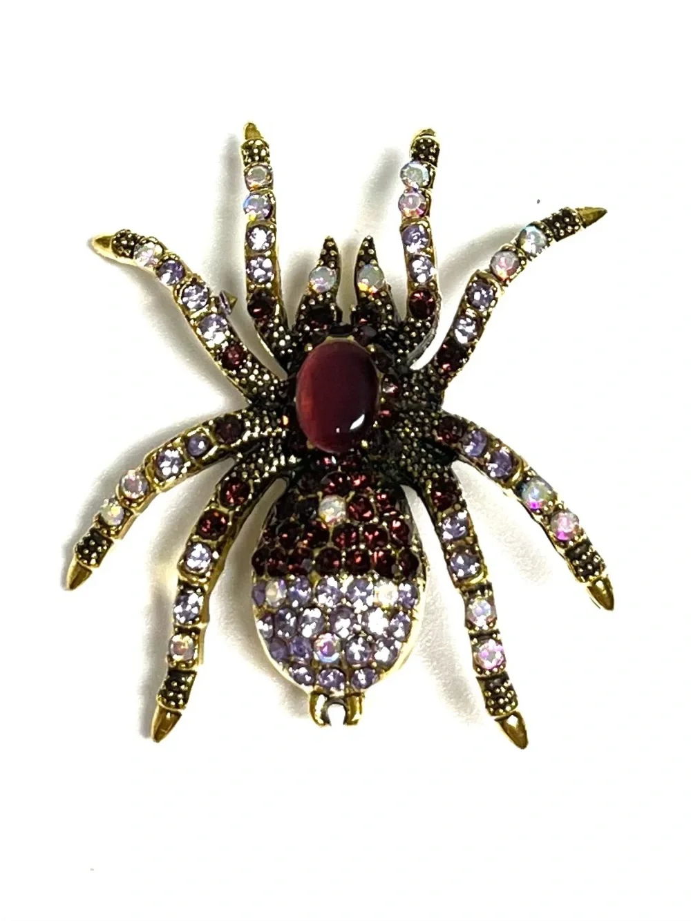 Brooch Spider NIP Crystal in Burgundy and Lavender, deep gold tone base, 1.75”L